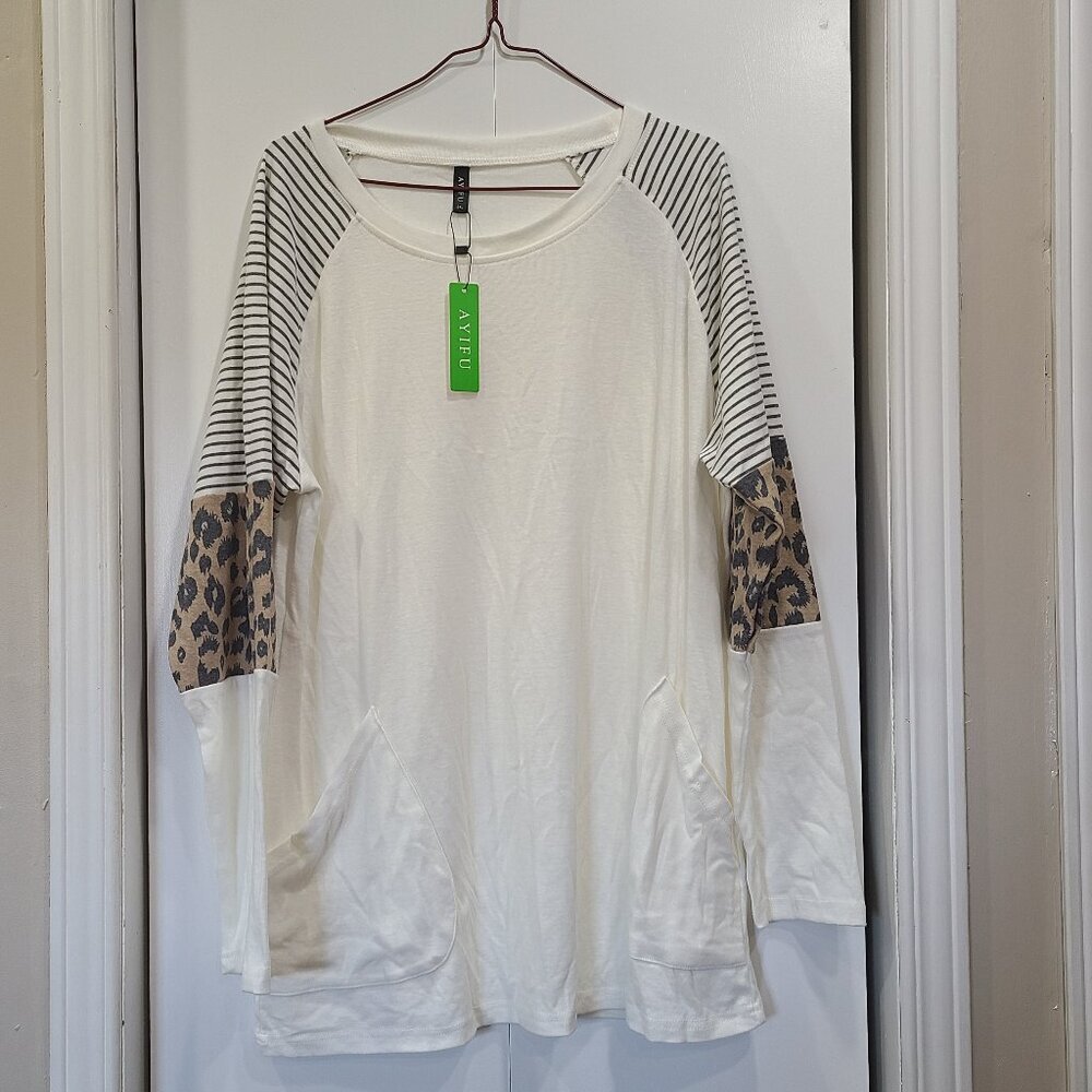 Cream Raglan Long Sleeve Top with Striped Shoulders and Leopard Elbow Panels